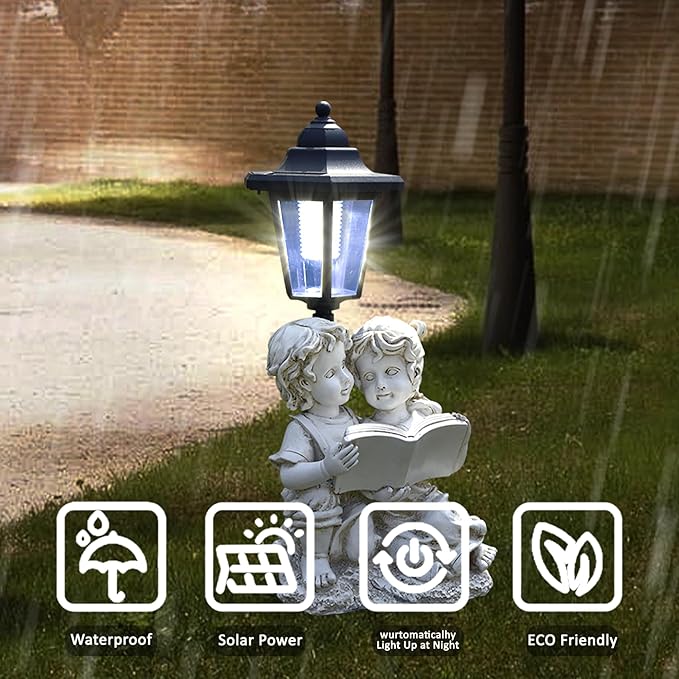 Solar Garden Outdoor Decor Statues Boy and Girl Reading Book with Light,Outside-Outdoor Decorations Sculptures for Patio Yard Lawn Walkway Ornaments Clearance Gifts for Mom Grandma Birthday