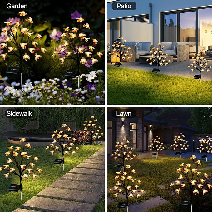 Solar Garden Lights Outside - 4 Pack 80 LED Solar Bee Lights Outdoor Waterproof with 8 Modes Landscape Decoration for Garden Patio Yard Walkway Grass Spring Decor (Warm White)