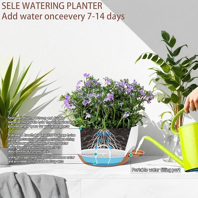 2 Pack 12 Inch Large Hanging Planters with Chains Self Watering White Brown Plastic Hanging Pots for Indoor Outdoor Plants, Garden Porch Home Decor，White Brown