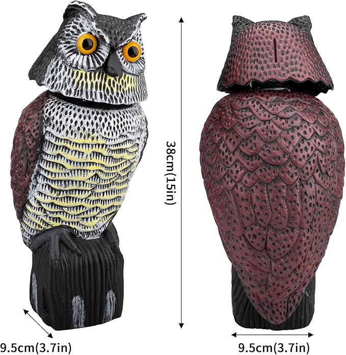 Owl Decoys to Scare Birds & Squirrels Away, 360 Rotating Head, Plastic Garden Owls for Indoor/Outdoor Use