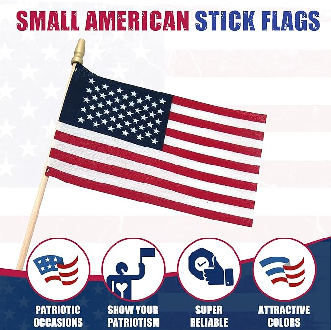 Super Tough Small American Stick Flags 4’’x6’’ | Cotton Outdoor Flag on 10’’ Wooden Stick with Spear Tip | Mini Flags Patriotic Decor for Various Holiday Parties and National Flag Day | 25 Pack