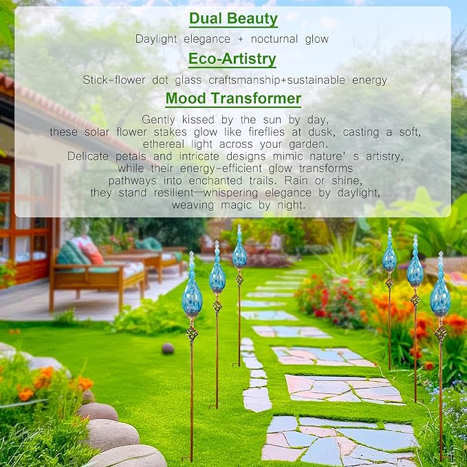 Garden Solar Light, Decorative LED Flame Garden Stakes, Hand Blown Glass and Metal Outdoor Decoration, 3 x 36 Inches (Light Blue)