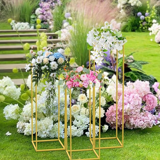 chamvis Gold Metal Plant Stand, 3 Pcs Tall Cylinder Pedestal Stands for Parties and Weddings, Gold Square Cylinder Tables for Living Room and Patio Decor