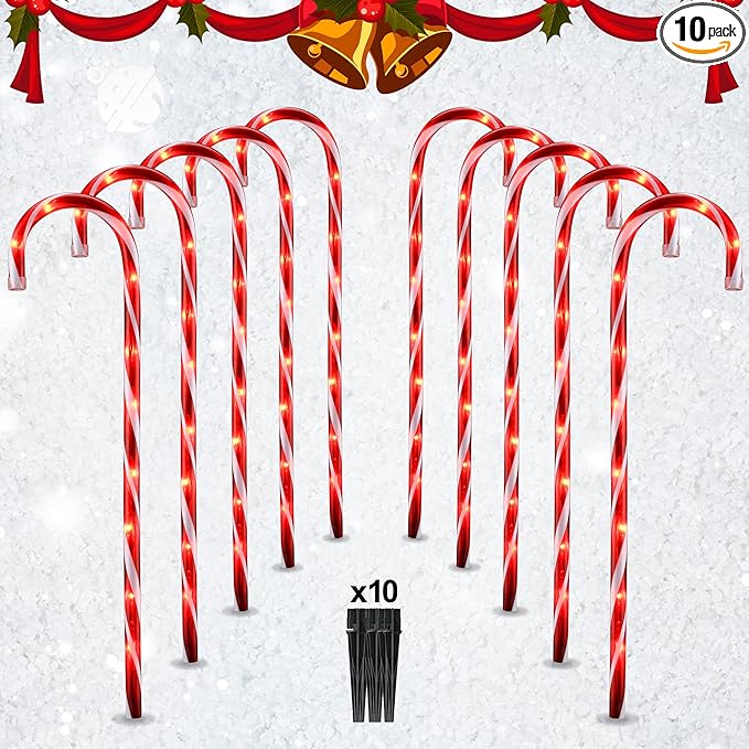 26" Candy Cane Lights Christmas Decorations - 10 Pack Pathway Markers Outdoor Yard Decorations, Red Christmas Candy Cane Lights for Walkway, Xmas Outside/Indoor Ornaments, 100 Lights Bulbs