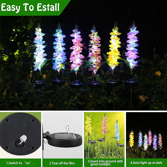 Solar Delphinium Flowers Lights Waterproof Color Lights Upgraded Solar Panel 2 Light Modes Solar Waterproof LED Solar Lights Outdoor for Yard Garden Lawn Pathway Decoration (6)