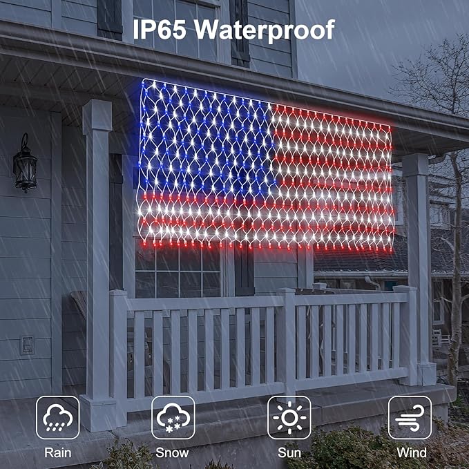 DBFAIRY Solar American Flag Lights Outdoor,420 LEDs American Flag Net Lights 6.5ft x 3.28ft Super Bright,Memorial Day Decorations of The United States for Independence/National/Memorial Day,July 4th