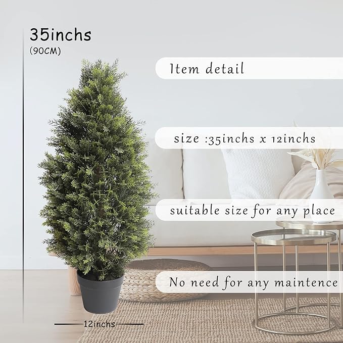 3FT Artificial Cedar Topiary Trees, Fake Cypress Trees Faux Pine Shrubs Plants, Evergreen Plants for Home Porch Decor Set of 2