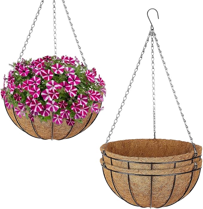 ZeeDix 3 Pack 14 Inch Metal Round Hanging Planter Basket with Coconut Liners Replacement, Hanging planters Baskets with Natural Coco Liner for Outdoor Indoor Planters Flowers Vegetables