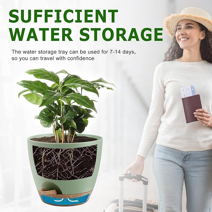 Plant Pots 10/9/8/7.5/7 Inch Self Watering Pots, Set of 5 Plastic Planters with Drainage Holes and Saucers,Plastic Flower Pots,Nursery Planting Pot for Indoor Out Door Plants（Green）