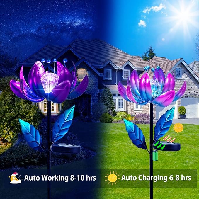 Solar Purple Metal Flower Wind Spinners, Colorful Spinning Windmill Lotus Yard Art Lights Wind Pinwheels with LED Crystal Ball Decorative Stake Lighting Flower Sculpture