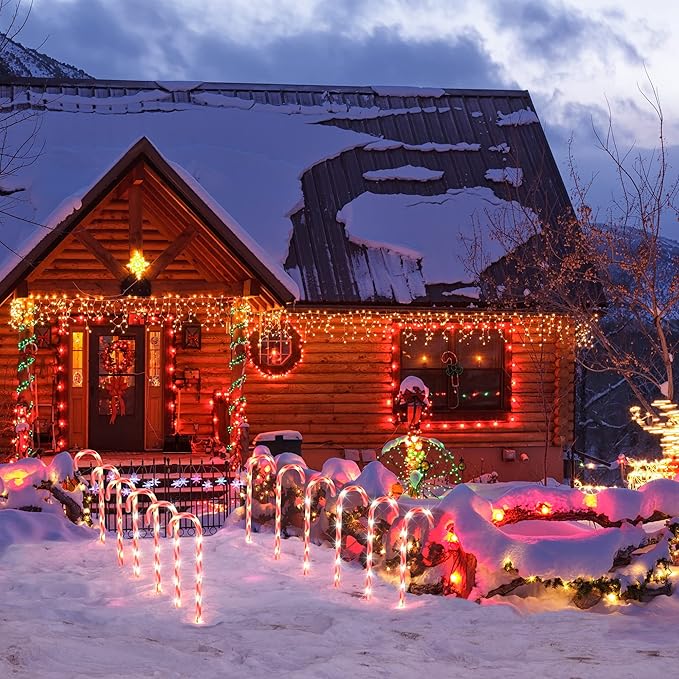 COOLWUFAN 28" Christmas Candy Cane Pathway Markers, Set of 12 Pack Christmas Outdoor Decorations Pathway Lights with 72 Warm Lights for Christmas Holiday Party Walkway Patio Garden Yard Lawn Decor