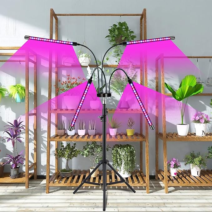 Plant Grow Light with Stand, 4 Heads Red Blue Spectrum Grow Lamps with 15-63" Adjustable Tripod Stand, 4/8/12H Timer, 3 Switch Modes, Indoor Plant Light with Remote Control
