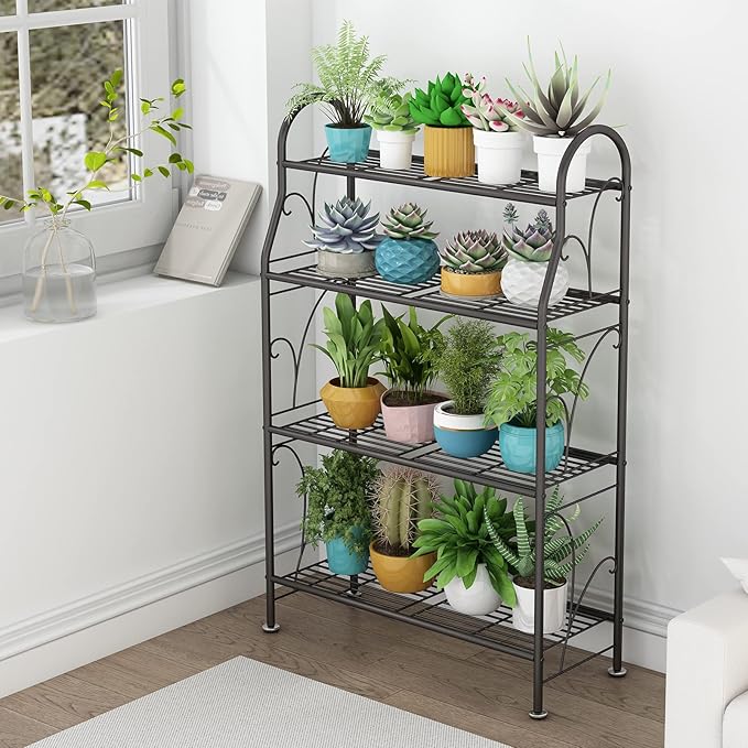SORCEDAS Plant Stand Indoor Outdoor Plant Shelf 4 Tier Metal Corner Flower Stand Multiple Holder for Patio Garden Balcony Living Room, Dark Grey