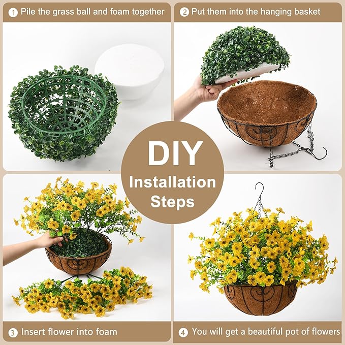 Artificial Faux Hanging Plants Flowers Basket Outdoor Indoor Patio Lawn Garden Spring Decor, Fake Silk Daisy in Basket with 12inch Coconut Lining Chain Palm Flowerpot(Yellow)