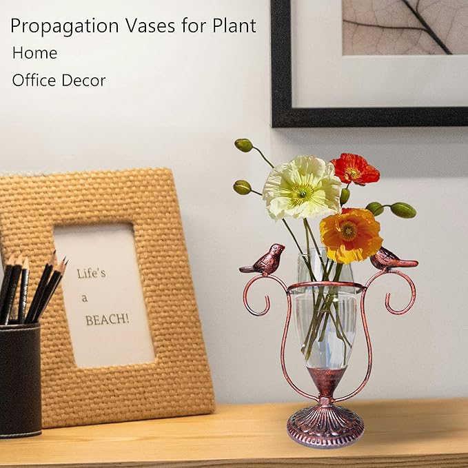 POXOH Vintage Glass Planter - Metal & Glass Propagation Vase with Dual Birds Art, Retro Indoor Planter for Hydroponic Plants, Office Desk Decor, Living Room Centerpiece