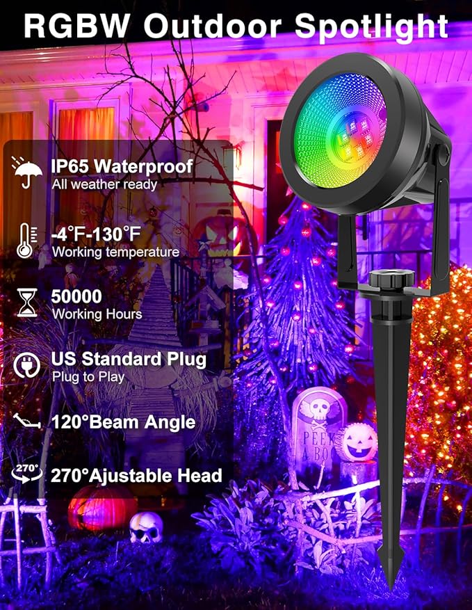 RGB Spotlights Outdoor, Color Changing Landscape Lights, Waterproof Spotlight with US Plug for Yard Tree Garden Path House Halloween Christmas Decoration(6 Pack)