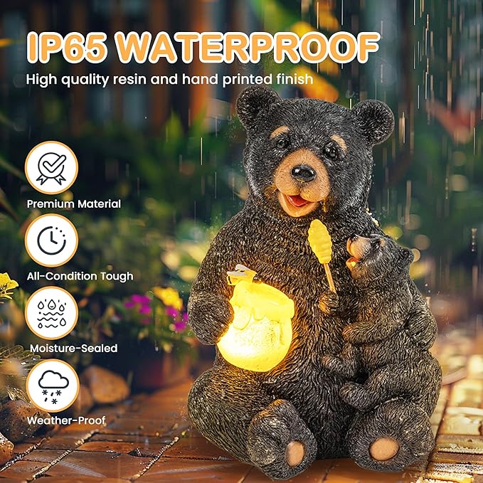 GIGALUMI Solar Garden Statues Loving Bear Figurine Lights for Outside, Yard Decorations Outdoor, Garden Decor Unique Birthday Housewarming Gifts for Mom, Women, Black