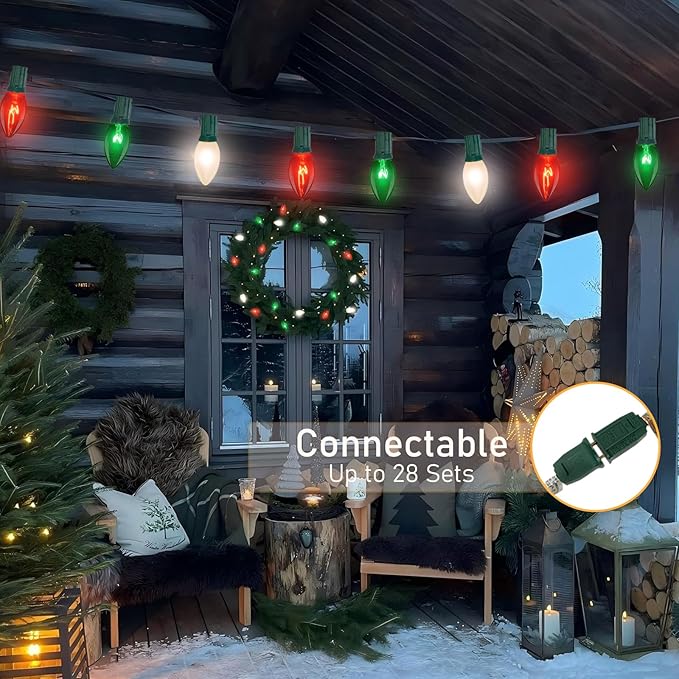 25ft C9 Clear Incandescent Christmas Lights - Red, White, Green Outdoor String With 26 Multicolor Bulbs - Waterproof Plug-In for Roofline, Tree, Garden Decor