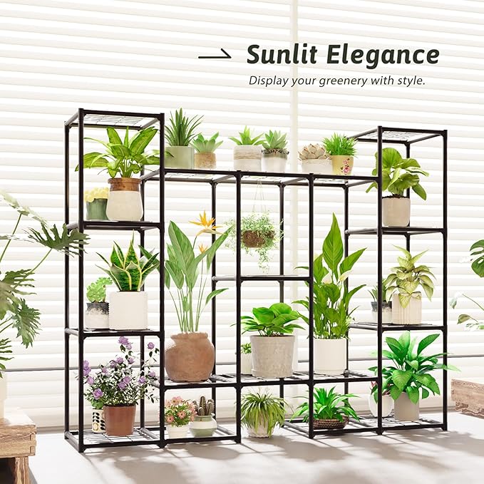 Large Plant Stand Indoor Outdoor Metal Plant Shelf Waterproof Plant Rack for Multiple Plants Wide Flower Stand for Patio Balcony Garden Black