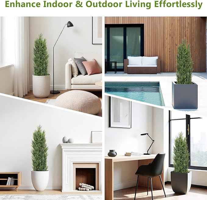 THE BLOOM TIMES 4ft Topiary Trees Artificial Outdoor 2 Pack – UV Resistant Faux Cedar Pine Cypress Bushes and Shrubs, Fake Potted Plants for Front Porch Outside Planter Patio Decor, Set of 2 (4 Foot)