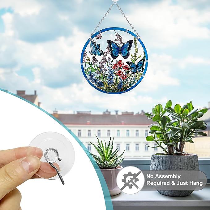 Lager Butterfly Suncatchers for Windows, Butterfly Stained Glass Window Hanging - 8.6 inch Sun Catcher for Window, Butterflies Decor with Hook - Suncatchers Birds Window Hangings Gifts for Mom