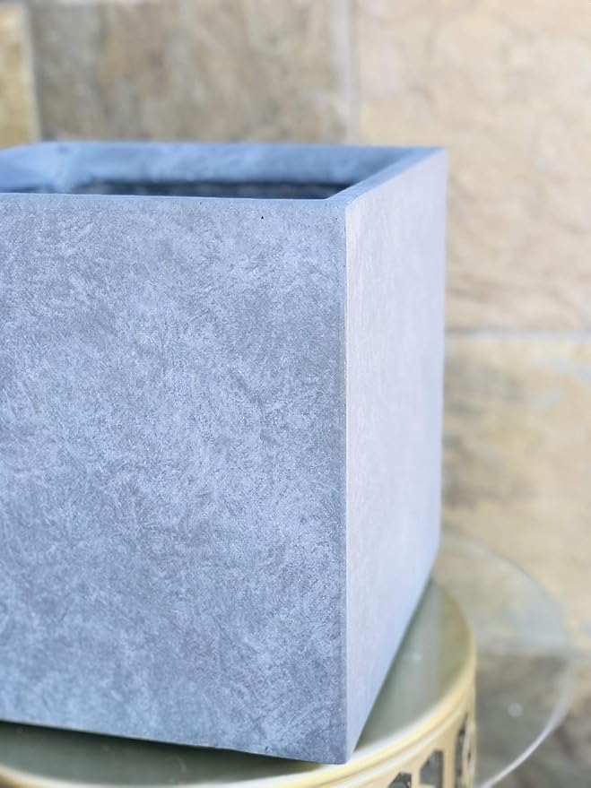 Kante 16 Inch Square Concrete Planter for Outdoor Indoor Home Patio Garden, Large Plant Pot with Drainage Hole and Rubber Plug, Slate Gray