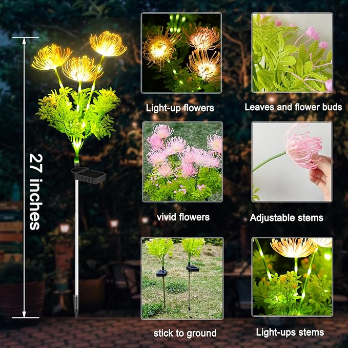 SmilingTown Solar Lights with Light-up Flowers and Stems Outdoor Pathway Decorative Lights Solar Powered Waterproof Lights for Yard Patio Lawn Garden 4 Pack