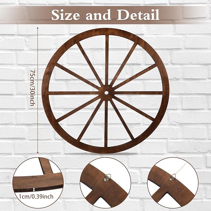 Wood Wagon Wheel Decorative Old Western Style Wagon Wheel Decor Vintage Rustic Wall Hanging Wood Cartwheel Decor for Garden Bar Patio Garage Farmhouse(30 Inch,Brown)