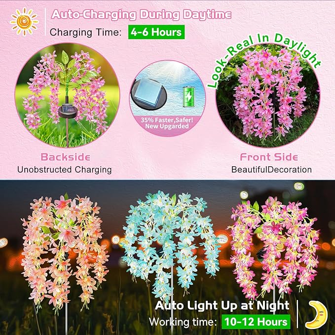 Neporal Solar Flowers Outdoor Waterproof IP65, 5 Lilac Flower Vines with 140+ Flowers, Warm Light & 2 Lightning Modes, 3PK Blue/Pink/Purple Solar Garden Lights Outdoor for Garden, Yard, Pathway Decor