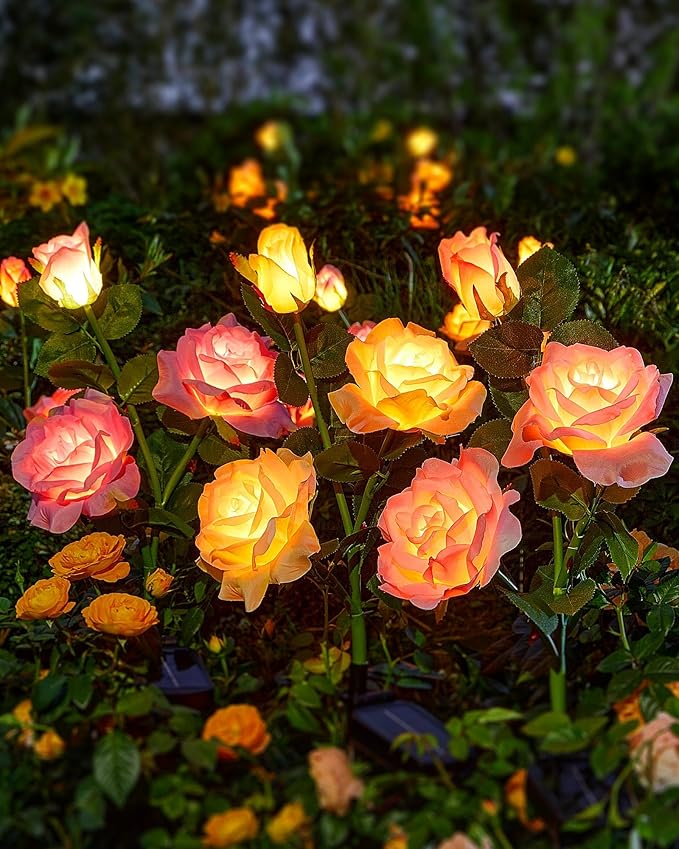 Solar Flower Lights Outdoor,Solar Garden Lights with 12 Bigger & More Realistic Flower,IP65 Waterproof Solar Powered Pathway Lights for Yard Lawn Patio Garden Decor(4Pack Rose Lights)
