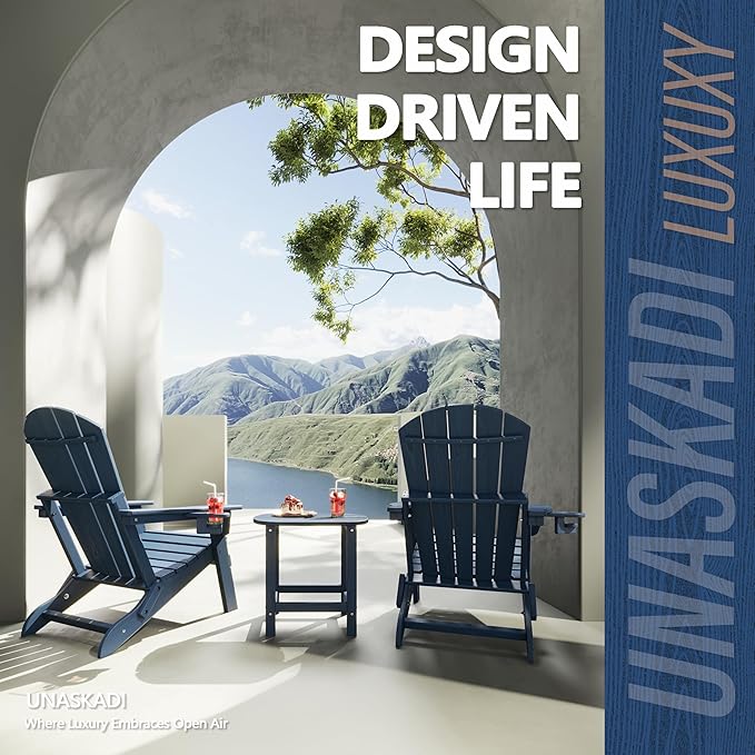 Folding Adirondack Chair Set of 3 with Cup Holder, HDPE All Weather Resistant Plastic Outdoor Patio Chairs, Heavy Duty Fire Pit Seating for Backyard Lawn Garden, Wooden Textured Design(Navy Blue)