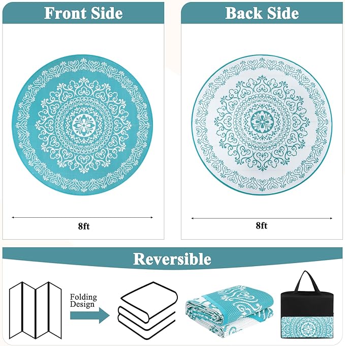 Pauwer Waterproof Outdoor Rug 8ft, Reversible Plastic Straw Patio Camping Rug, Indoor Outdoor RV Mat Carpet for Deck, Camper, Porch, Balcony, Backyard, Picnic, Floral Teal