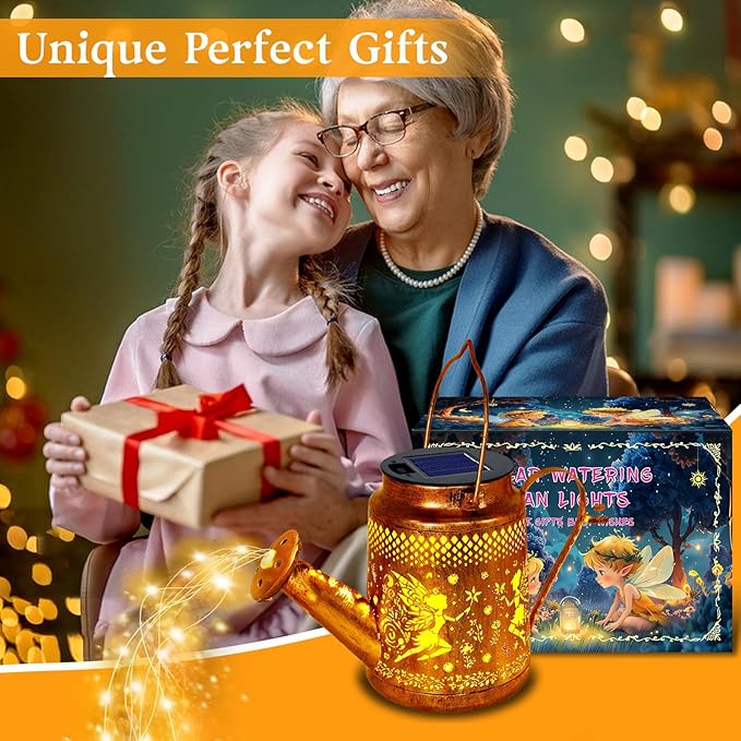 Solar Lanterns Outdoor Waterproof,Metal Watering Can Garden Decor,Fairy Hanging Solar Path Lights Yard Art,Outside Patio Decorations Gardening Birthday Gifts for Mom Grandma Women（with Shepherd Hook）