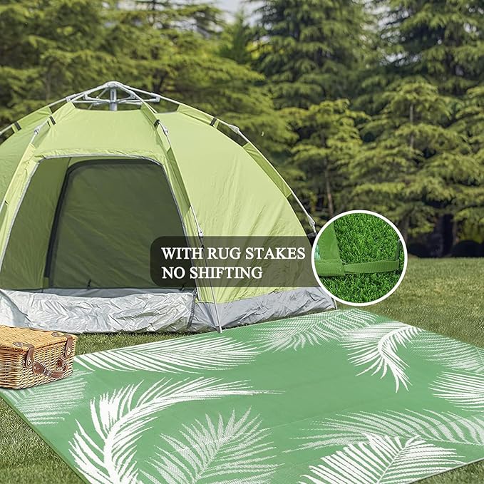 Pauwer Waterproof Outdoor Rug 6x9, Reversible Plastic Straw Patio Camping Rug, Indoor Outdoor RV Mat Carpet for Deck, Camper, Porch, Balcony, Backyard, Picnic, Leaf Green