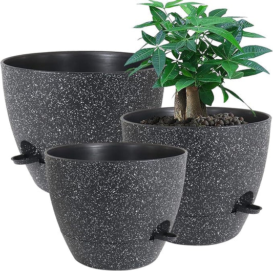 Large Self Watering Pots, 12/10/9 Plastic Planters with High Drainage Holes and Deep Reservoir for Indoor Outdoor Garden Plants and Flowers, Black Speckles