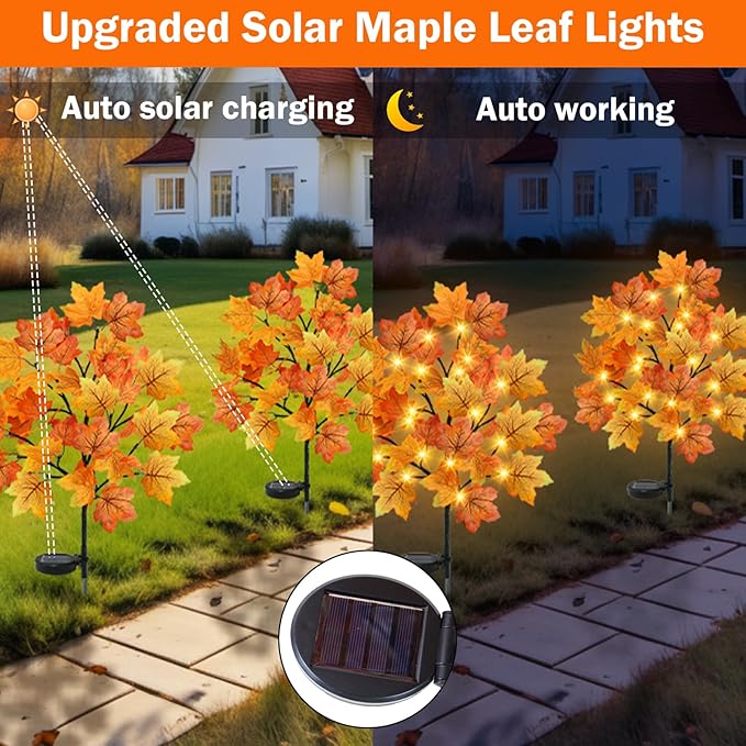 TORONTOKYO 2 Pack Fall Solar Outdoor Lights, Fall Decor 40 LED Maple Leaves Solar Stake Light with 8 Modes, Waterproof Fall Garden Lights Thanksgiving Decorations for Autumn Yard Pathway Outside