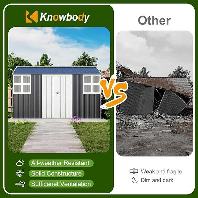 12x10 FT Metal Sheds & Outdoor Storage: Heavy Duty Garden Sheds with Dual Transparent Panels, 2x4-Pane Windows & Hinged Double Doors, Weatherproof Tool Shed for Backyard, Garden, Patio, Grey/White