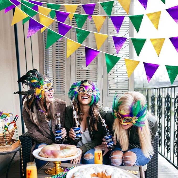 Mardi Gras Party Decorations Purple Green and Gold Metallic Fabric Triangle Pennant Banner Flag Hanging Bunting Garland for Birthday Wedding Baby Shower Bridal Shower Holiday Masquerade Party Supplies