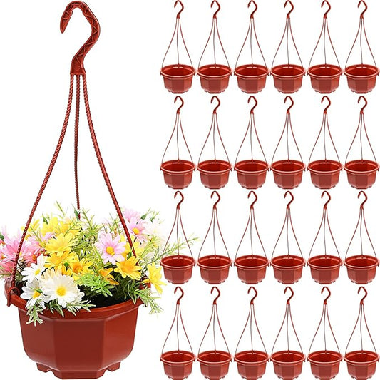 Roshtia 24 Pcs Hanging Plastic Planter Pot with Hook Flower Pots Baskets Hanging Nursery Planter Holder for Outdoor Indoor Plant Garden(Brown,6.7 Inch)