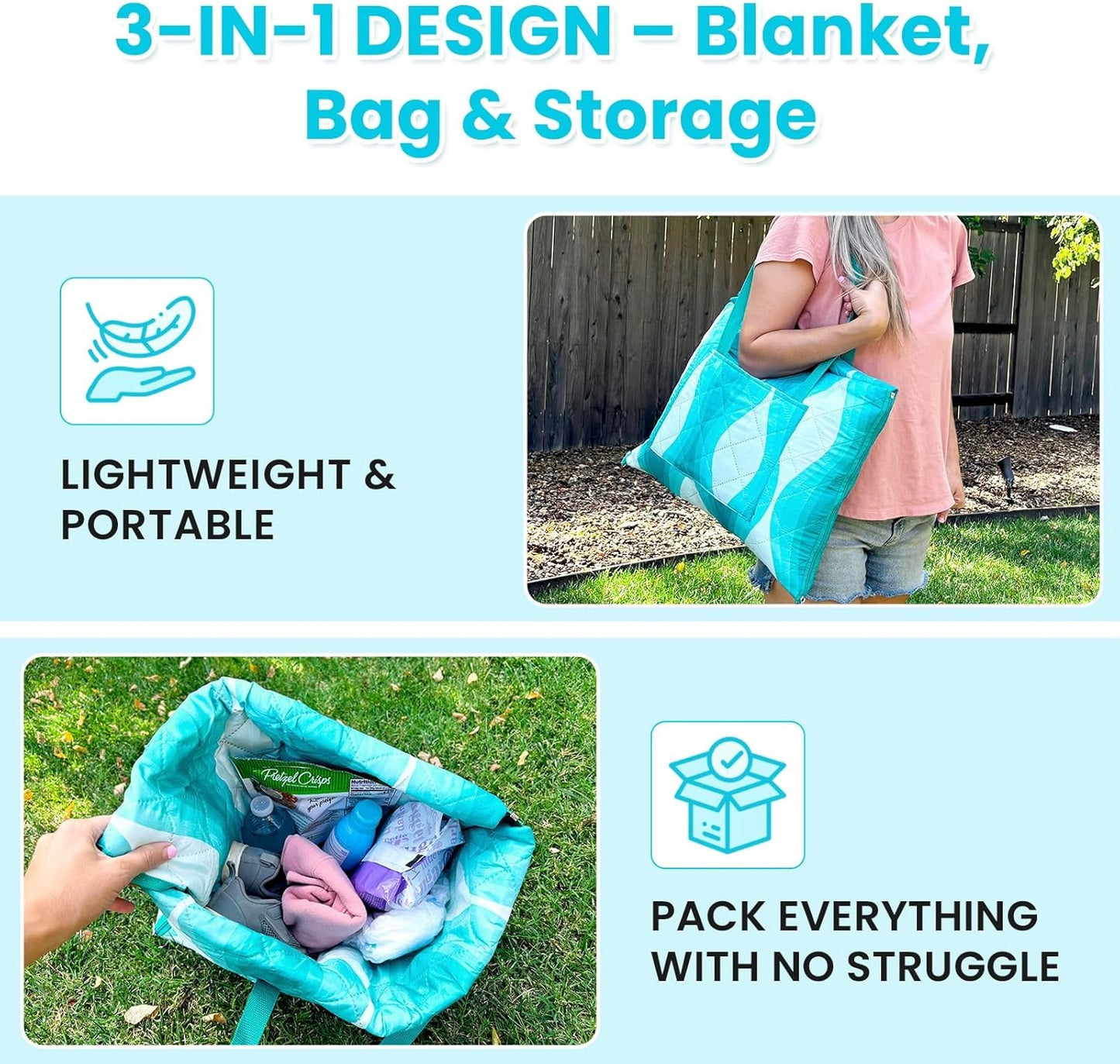 #WEJOY 3 in 1 Outdoor Picnic Blanket, Padded 3 Layers Beach Blanket, 80x60'', 4 Person, Easy to Fold, Waterproof for Lawn,Camping, Park (Cyan)