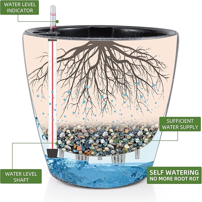 Dexceder 13x12 Self Watering Planter with Wheels Indoor Outdoor, Inner Pot Design, Thickened Large Floor Standing Flower Plant Pot with Water Level Indicator (Stone Matte)