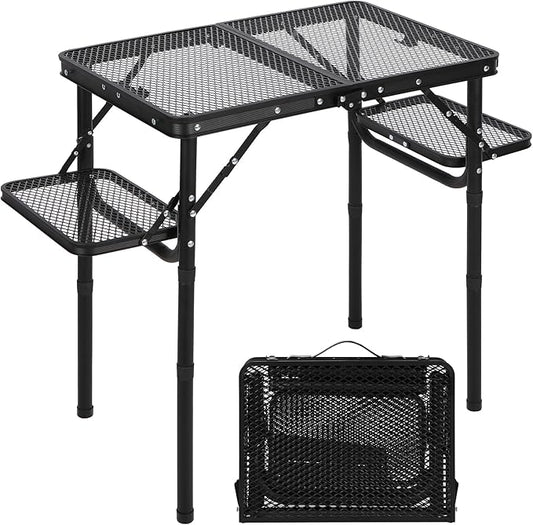 RedSwing Folding Grill Table with Extra Space, Adjustable Height Portable Small Stand Table for Outdoor Indoor Camping Picnic BBQ, Black with Side Table