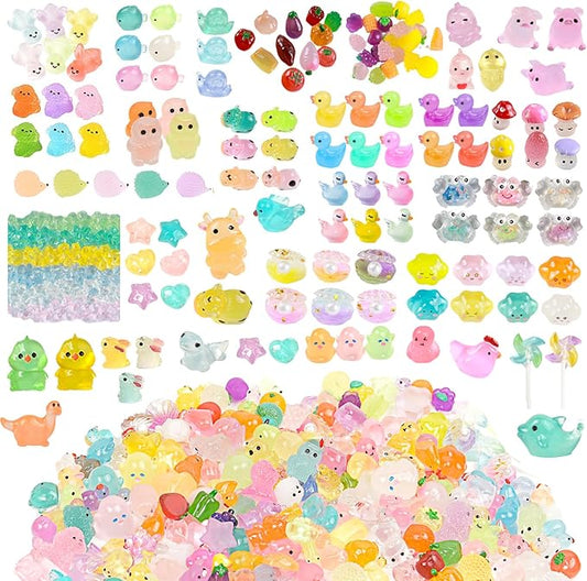 400pcs Luminous Mini Resin Animal in The Dark Tiny Miniature Figures Ornament Duck Frog Mushroom Owl Dog Rabbit Crab Dolphin Shell Fairy Garden Accessories Aquarium Landscape Bonsai Decor