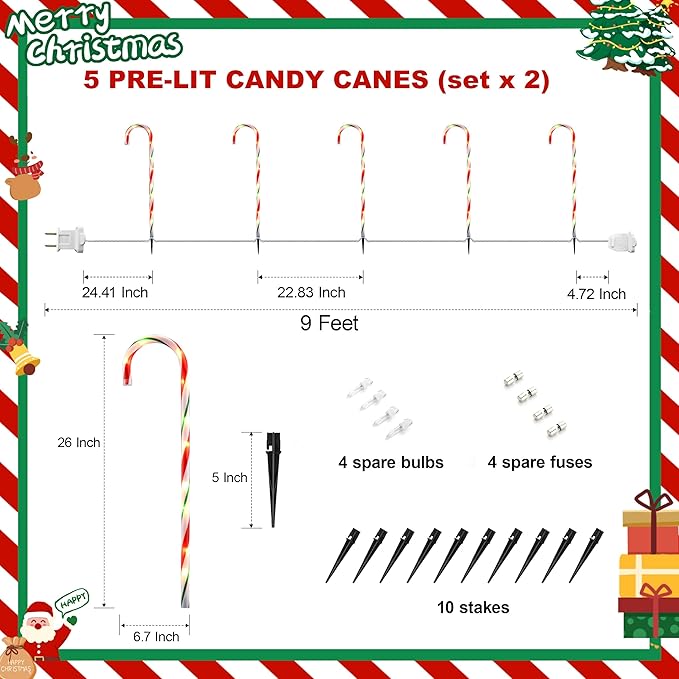VCOKEN 30'' Christmas Candy Cane Lights Outdoor Pathway, Set of 10 Christmas Candy Cane Markers Decoration, Connectable & Light Up Xmas Holiday Party Yard Art Indoor Outdoor, Red&Green