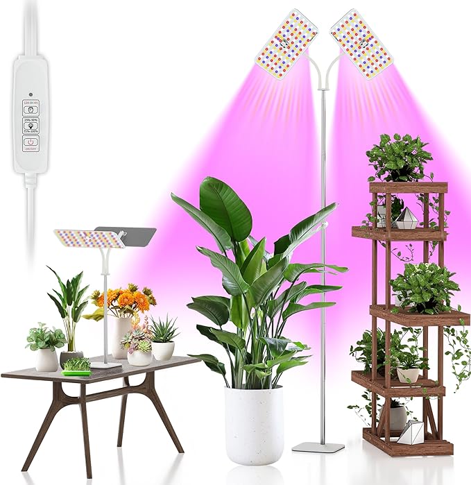 Grow Lights with Base, Double Head, Full Spectrum LED Grow Light for Indoor Plants, 240 Leds, 4 Dimmable Levels, Timer 4/8/12h, 12-60inches Height Adjustable, 36w, Ideal for Desk Small Plants