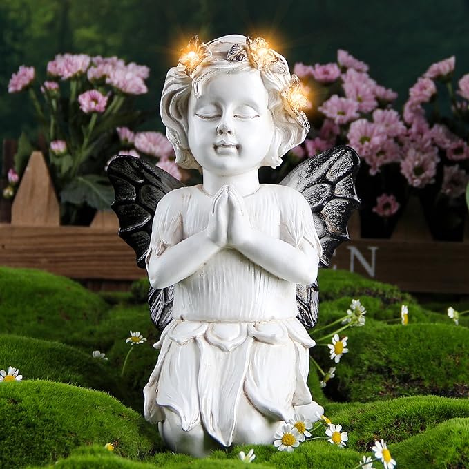 Leekung Angel Statues for Garden Decor - with Solar Powered Light Angel Garden Statues Outdoor Garden Sculptures & Statues Angels Figurines Memorial Praying Sculpture for Patio Lawn Yard Porch Gifts