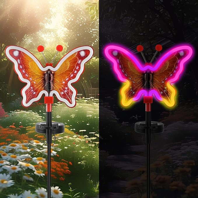 Solar Garden Butterfly Lights, Garden Outdoor Lights Decor, Butterfly Solar neon Light,led Butterfly Lights,Yard Patio Pathway Decoration(Red, 2pack)