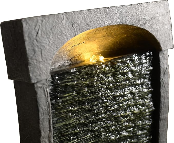 Teamson Home 38.58 in. Modern Curved Faux Slate Waterfall Fountain for Indoors or Outdoors with LED Light Accents and 1.98-Gallon Pump, Black and Stone Gray