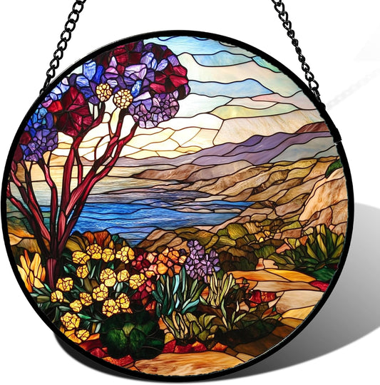 Stained Glass Window Hanging Retro Wildflowers Lake Mountain Scenery 7.8" - Suncatcher Door Garden Sun Catcher Home Decor Birthday Christmas for Mom Men Woman Friend