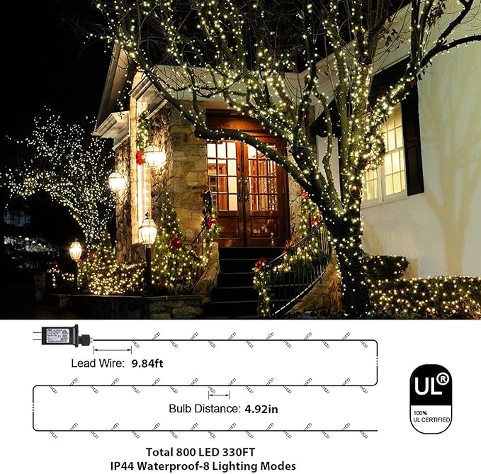 Christmas Lights Outdoor, 800LED 330FT Warm White String Lights, 8 Mode Plug in Waterproof Decor Twinkle Lights for Bedroom Xmas Thanksgiving Wedding Party Garden Yard Tree Decoration
